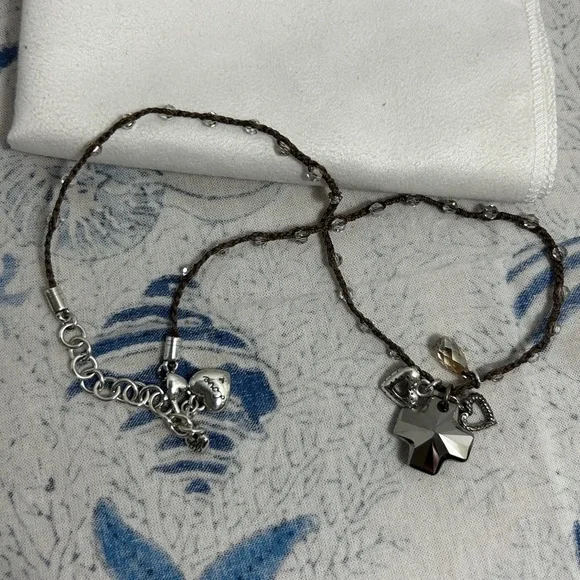 Brighton Karma Crystal Cross Necklace Silver Plated Braided Brown Beaded 17" - Picture 8 of 11